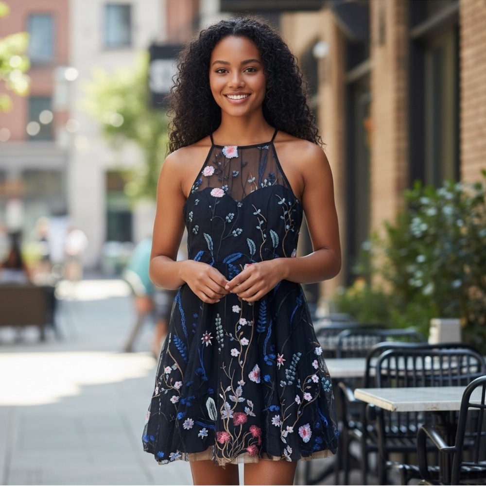 NWT My Michelle, fit and flare , black embroidered dress, Size 11 Junior